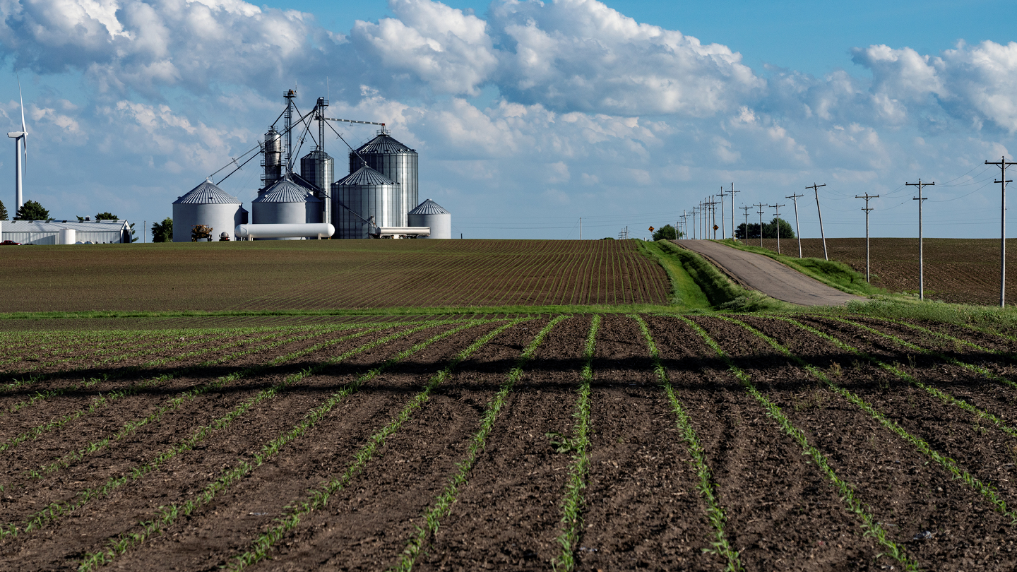 Farm field with grain bins in the background