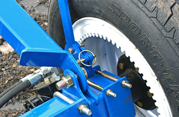 Close-up of Brandt EZMover wheel assembly, highlighting durable construction for rough terrain.